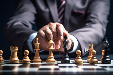 Closeup of businessman playing chess. 