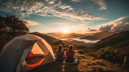 View from tent with couple and landscape  background.