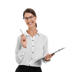 Happy secretary with clipboard and pen isolated on white