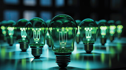 several green glowing light bulbs