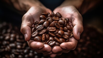 a human person hands holding coffee beans. top down perspective from up above. farmer working at coffee plantation. coffee import and export. wallpaper background 16:9. Generative AI - Powered by Adobe