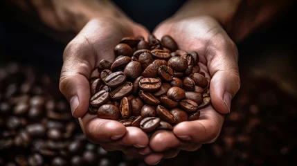 Printed roller blinds Coffee bar a human person hands holding coffee beans. top down perspective from up above. farmer working at coffee plantation. coffee import and export. wallpaper background 16:9. Generative AI