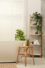 Stylish bathroom interior with ceramic tub, spa products and green houseplants