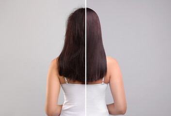 Photo of woman divided into halves before and after hair treatment on grey background, back view