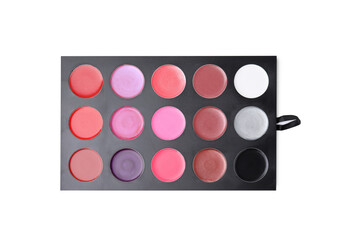 Cream lipstick palette isolated on white, top view. Professional cosmetic product