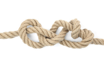 Hemp rope with knot isolated on white, top view