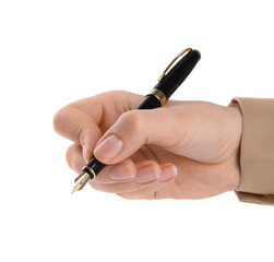 Woman holding stylish fountain pen on white background, closeup