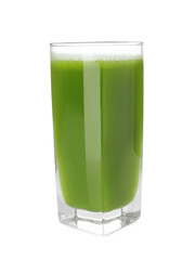 Glass of fresh celery juice on white background