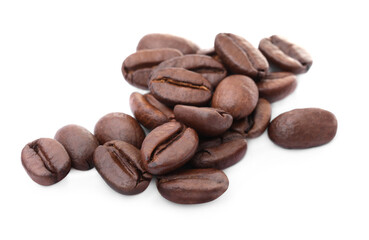 Many aromatic roasted coffee beans isolated on white