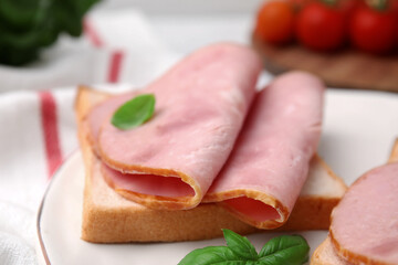 Delicious sandwich with ham on plate, closeup
