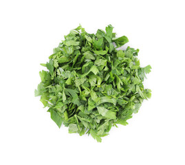 Heap of chopped parsley leaves isolated on white, top view
