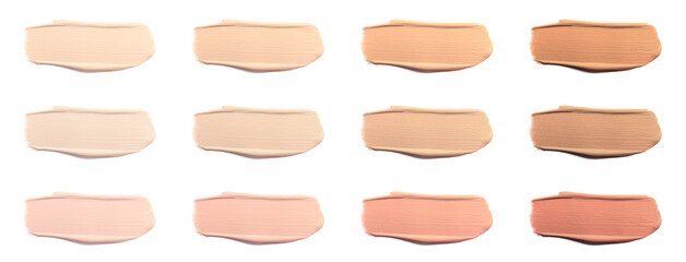 Different shades of liquid skin foundation on white background, top view. Set with samples of...