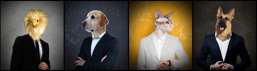 Businessmen with faces of different animals on color background. Set of portraits