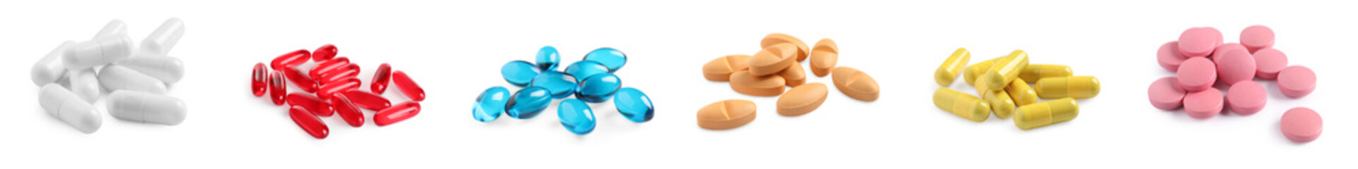Set with piles of different pills isolated on white