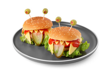 Cute monster burgers isolated on white. Halloween party food