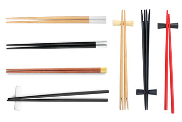 Set with different chopsticks isolated on white, top view