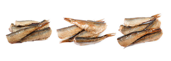 Set with smoked sprats isolated on white