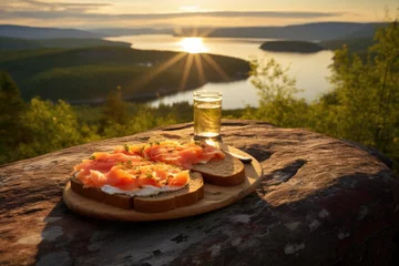 Foto op Plexiglas Smoked salmon sandwich served on a rock overlooking a beautiful view in nature of a river and forest © Geber86