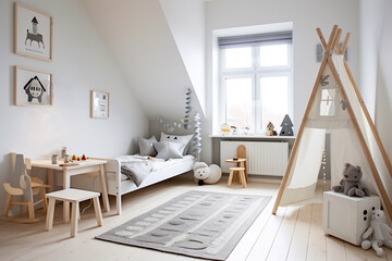 Bright sunlit childrens bedroom interior design contemporary childs bedroom kids play room with childrens table and chairs white walls and childrens poster wall art room mock up