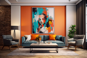 Contemporary colourful living room with long sofa and cushions two side armchairs industrial style coffee table on a patterned rug herringbone oak floor room interior large abstract poster art