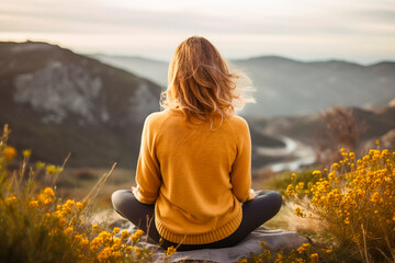 Young woman sitting on a hill looking to the valley below mindfulness concept mind and body becoming one with the help of yoga in a good place wellbeing - obrazy, fototapety, plakaty