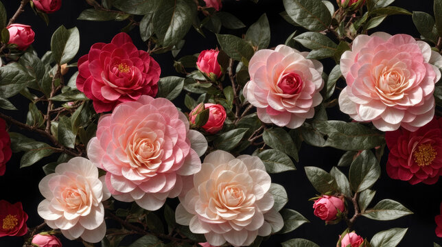 Hyper realistic camellia rose flowers background. Generative AI
