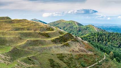 British Camp hill fort,panorama,view north,of Malvern Hills,Herefordshire,England,UK.