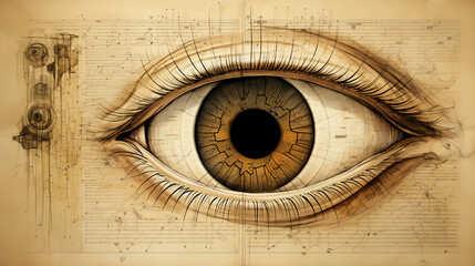 Obraz na płótnie Canvas A drawing of an eye with lashes, iris, sclera and pupil on an old yellowish paper of an anatomical medical study by an oculist. A representation of vision, curiosity and wisdom on a magic scroll.