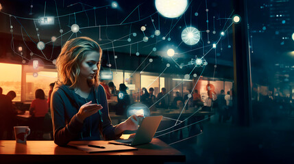 A young girl with a laptop connected to a social network with nodes in a cafe. A representation of modern technology with artificial intelligence for multitasking as a digital nomad.  - Powered by Adobe