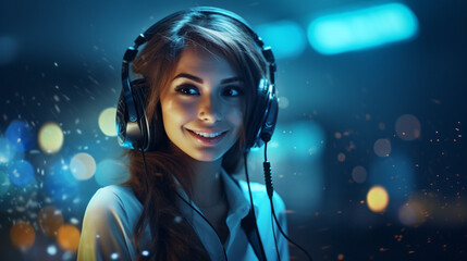 A young girl smiles with headphones, playing music as a DJ at a night party with blue and yellow...