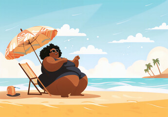 A cartoon illustration of a happy black woman with glasses enjoying the beach on vacation under an umbrella. She represents body positivity next to the sea in a sunny day