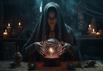 A mysterious medieval witch in a robe facing the camera in her dark consultation room with candles, reading the future in a magical crystal ball with objects around for spells and enchantments - obrazy, fototapety, plakaty