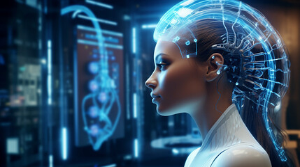 A beautiful girl with a futuristic brain scanner, representing the future of neuroscience in a laboratory with cinematic screens and computers