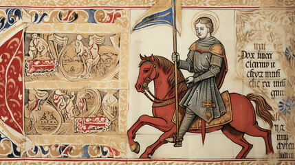 Medieval knight in armor riding a horse with a blue flag. Old manuscript with an icon and symbols on vintage paper - obrazy, fototapety, plakaty