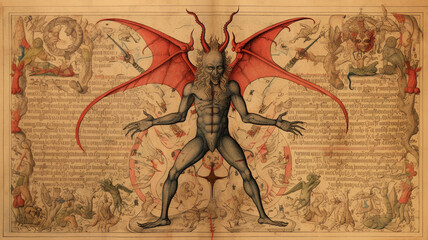 An old drawing of the devil with horns and red wings in a medieval book, depicting Satan or Lucifer in a codex on demonology. Text, symbols and ornaments represent dark cults for a satanic sect