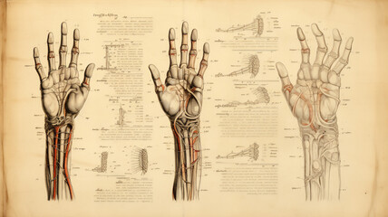 Anatomical studies of different hands with muscles, bones, and veins, hand-drawn on an old paper from a codex. Ancient meticulous sketches on biology and criminology - obrazy, fototapety, plakaty