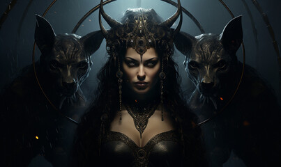 The dark female goddess Hecate with jewels, symbols and ornaments, and two diabolical dogs in the background. Magical and demonic cults for mythologies and forbidden beliefs. Cinematic scene for Wicca - obrazy, fototapety, plakaty