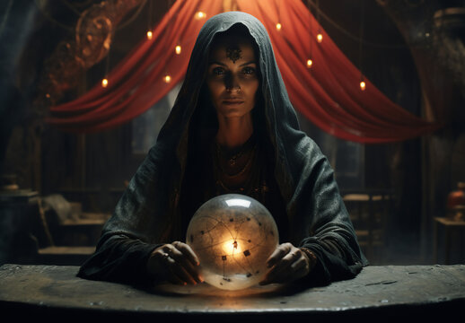 Gypsy fortune-teller with a crystal ball to guess the future, inside a fair or circus tent. Mystical show of a witch or sorceress with a gift for futurism. Cinematic scene