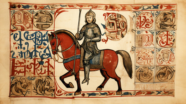A medieval knight in armor rides a horse, symbolizing chivalry books, illustrated on old codex paper with ornaments. Vintage decoration for a faity tale or a book of ancient history about crusaders