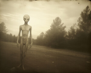 A sepia toned old photo of a close encounter with an extraterrestrial humanoid alien before abduction in a field. An ancient historical photographic document of a paranormal phenomenon near Roswell - obrazy, fototapety, plakaty