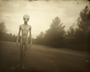 Abwaschbare Fototapete UFO A sepia toned old photo of a close encounter with an extraterrestrial humanoid alien before abduction in a field. An ancient historical photographic document of a paranormal phenomenon near Roswell