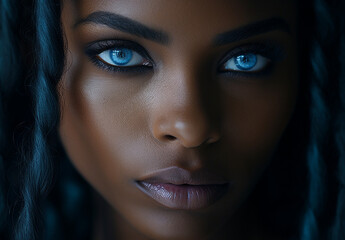 A close-up and detailed face of an exotic black African woman with bright blue eyes, attractive and seductive gaze and plump lips, with wavy black hair and a dark background. - obrazy, fototapety, plakaty
