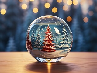 Christmas glass ball with tree in it on winter background, Christmas background, Generative Ai