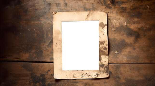 An old photography with a dirty white frame on a textured wooden table. The photo in the polaroid style is transparent in the center for a mockup of a vintage picture.