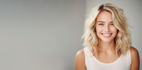 Beautiful smiling young blonde caucasian woman, isolated on neutral background. Close up portrait of face. Generative AI. 
