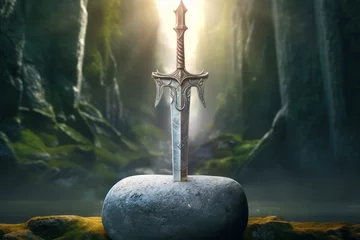 Fotobehang A fabulous legendary sword stuck in a stone. Background with selective focus and copy space © top images