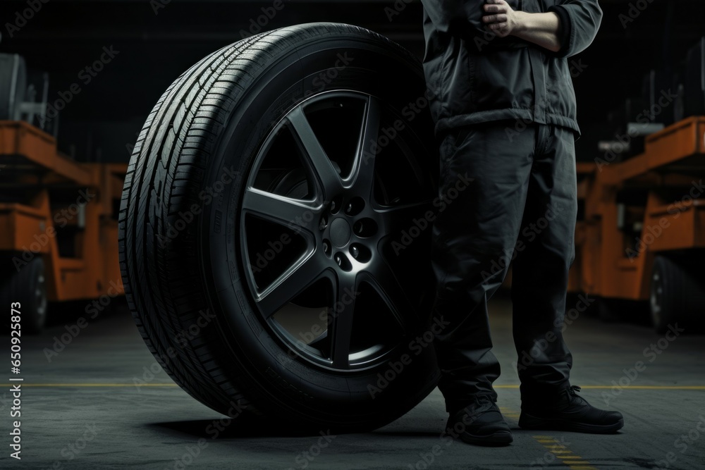 Sticker new car tires in the garage. background with selective focus and copy space