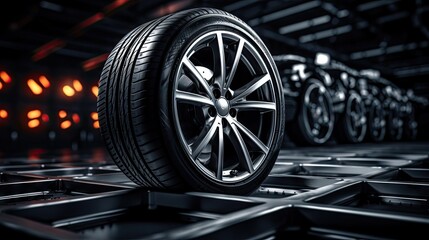 Closeup of beautiful alloy wheels of an expensive supercar. In the sports car sales center