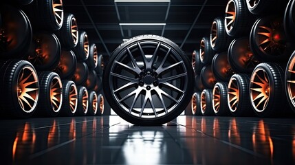 Closeup of beautiful alloy wheels of an expensive supercar. In the sports car sales center