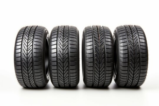 New car tires on a white background. Background with selective focus and copy space